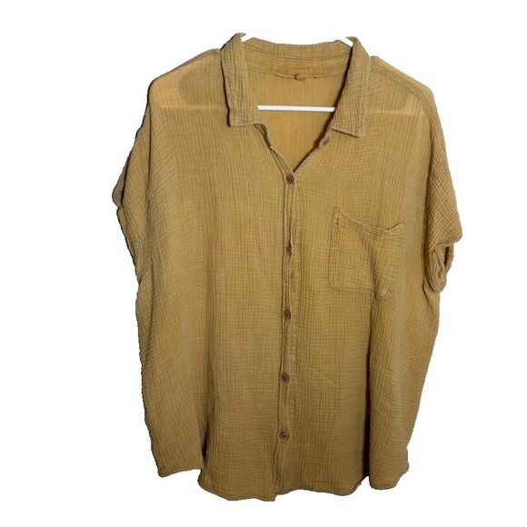 Vanilla Star Blouse Women's XL Gauze Button Up Short Sleeve Sheer Collared Top - Picture 1 of 8